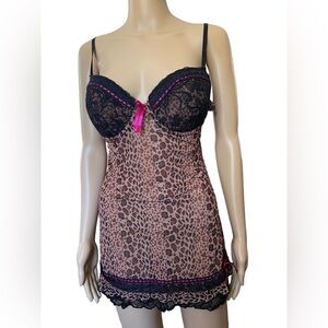 Per Lei Hot Pink Brown Leopard Print Push Up Bra Ruffle Lingerie Mini Slip Dress